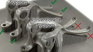 Das Fraunhofer-IAPT hat es im Rahmes des Profit-Projekts bereits verglichen: Die mit Amphyon optimierte Supportstruktur oben links und eine ohne die Softwarelösung gedruckte, aber gerissene Supportstruktur unten rechts im Bild. (Fraunhofer IAPT)