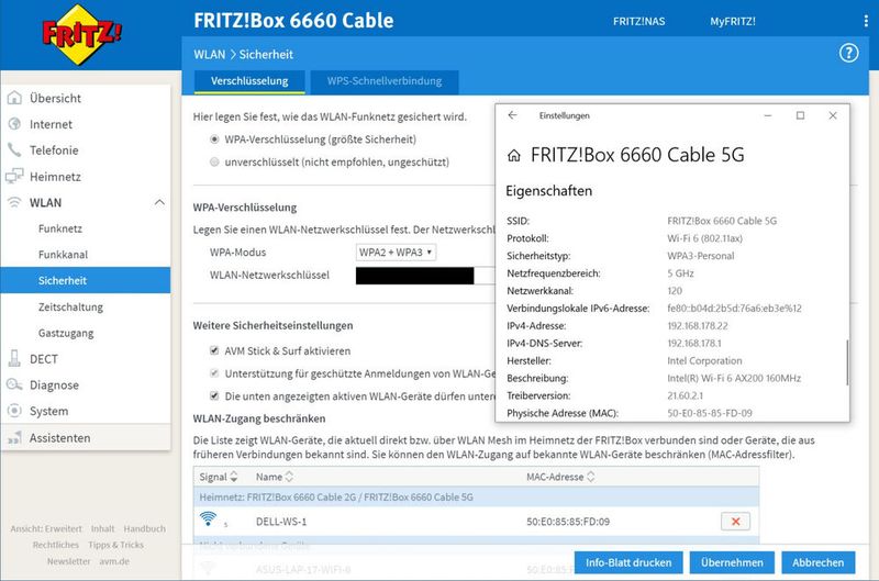 Abbildung 35: Sowohl bei 2,4 als auch bei 5 GHz kann die AVM FRITZ!Box 6660 Cable ihren WLAN-Clients neben WPA2 auch schon eine gemischte WPA2+WPA3-Verschlüsselung anbieten. Rechts im Bild sieht man eine WPA3-Connection zu einer 11ax-Wi-Fi-6-Dell-Workstation. (Bild: Harald Karcher)