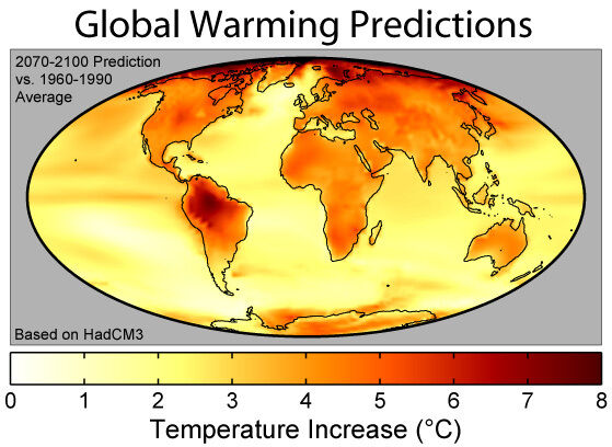 Platz 2:   Knapp die Hälfte der Umfrageteilnehmer zählt den Klimawandel zu den größten Umweltproblemen in Deutschland.  Welche Erkenntnisse die Wissenschaft zum Thema globale Erwärmung liefert, haben wir für Sie in unserem LP-Dossier zu Erderwärmung und Klimawandel zusammengestellt.  (Bild: Robert A. Rohde (CC BY-SA 3.0), https://commons.wikimedia.org/wiki/File:Global_Warming_Predictions_Map.jpg) (Bild: Robert A. Rohde, Global Warming Art (CC BY-SA 3.0))
