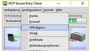 Die VPN-Bypass-Funktion soll es ermöglichen, Daten bestimmter Anwendungen am Tunnel vorbei ins Internet zu schicken. (NCP)