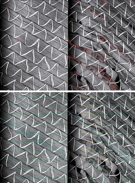Bild 2: Vergleichende Prüfungen: Ein optischer Vergleich zwischen Soll- (Bilder links) und Istaufnahmen (rechts ) ermöglicht, lokale Fehlstellen wie Gaps (oben) und Winkelabweichung (unten) zu erkennen.  (Bild: Saertex)