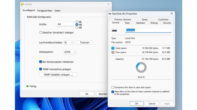 Erstellen einer virtuellen RAM-Disk in Windows mit Hilfe von ImDisk.(Bild:  Joos – ImDisk)