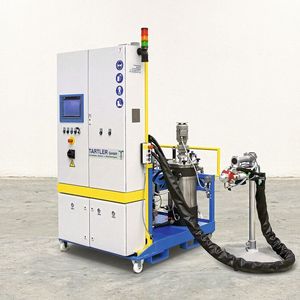 Die neue MDM plus von Tartler ist der Brückenschlag zwischen den portablen Kleinmengen-Systemen des Unternehmens und seinen großen Nodopur-Anlagen (Bild), die bis zu 50 Liter Kunstharz pro Minute dosieren und mischen.(Bild:  Tartler)