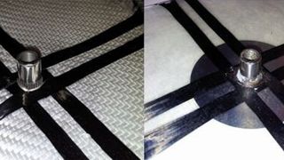 Lokale Verstärkung: Zur lokalen Verstärkung eines eingebetteten Krafteileitungselements wurden Kohlenstofffaser-Rovings auf ein Glasfaser-Preform abgelegt und fixiert (a). Am fertigen Bauteil wird derzeit die Festigkeit der Verbindung ermittelt (b). (Bild: WBK)