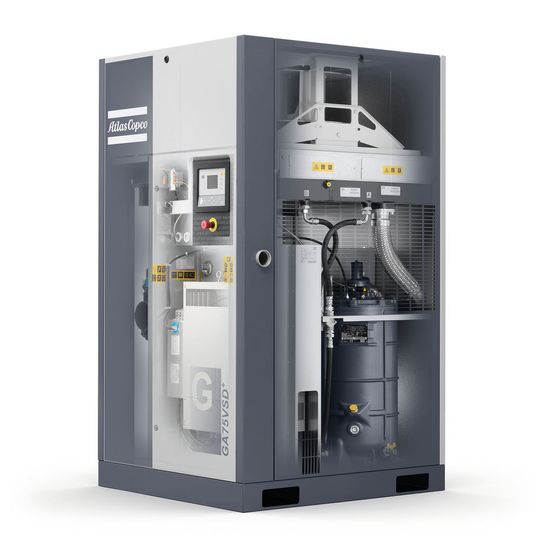 Beim drehzahlgeregelten Schraubenkompressor des Typs GA 75 VSD+ ist die Stellfläche viel geringer als bei herkömmlichen Kompressoren.(Bild:  Atlas Copco)