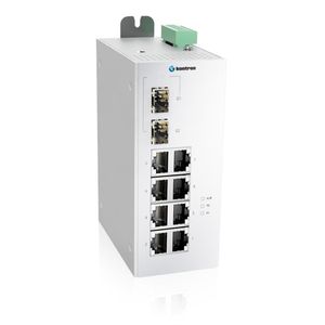 Der K Switch D3UM 8F-2GS aus der K Switch D3UM-Serie ist ein 10-Port unmanaged Ethernet Switch mit 8 10/100 BaseT(X) Ports und 2 1000 FX SFP Slots, einem erweiterten Temperaturbereich von -40 bis 75°C sowie einem dualen DC-Leistungseingang.(Bild:  Kontron)