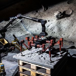 Missionsstart nach der Mondlandung: Der Rover „Sherpa“ dockt seinen zwei Meter langen Greifarm an Kletterroboter CREX an, um ihn aus dem Lander – hier durch Paletten simuliert – zu heben.