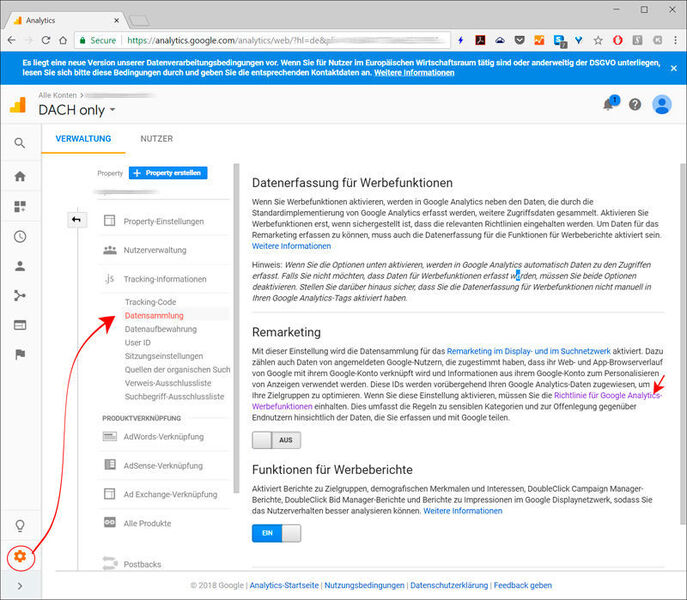 Datenerfassung für Werbefunktionen: Beim Aktivieren von Werbefunktionen, darunter der Remarketing-Option, in Google Analytics sammelt die Plattform neben den Daten der Standardimplementierung mithilfe von zusätzlichen Google-Cookies für Anzeigenvorgaben und anonyme Kennungen weitere Daten zu Zugriffen der Web-Besucher. Google weist Unternehmen explizit darauf hin, dass sie ihre Nutzer nur dann identifizieren oder über Google-Werbeprodukte oder -funktionen erfasste personenbezogene Daten mit nicht personenbezogenen Daten zusammenführen dürfen, nachdem der Nutzer die ausdrückliche Genehmigung dafür erteilt hat, und eine eigens dafür vorgesehene Google Analytics-Funktion verwenden. Ungeachtet der Einwilligung der Nutzer ist es untersagt, Daten aufzuschlüsseln, die Google lediglich in aggregierter Form in Berichten zur Verfügung stellt.  (Martins/Kobylinska)