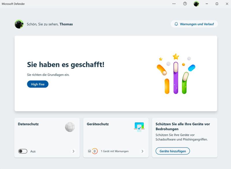 Der Status aller angebundenen Geräte ist im Dashboard von Microsoft Defender for Individuals zu sehen. (Bild: Joos)