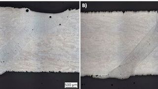 Durch Anpassung der Streckenergie können Poren vermieden werden: A) Eine Schweißnaht, erzeugt mit Standardparametern. B) Optimiert man die Parameter, ensteht eine Schweißnaht mit deutlich weniger Poren. (Bild: Fraunhofer IPK)