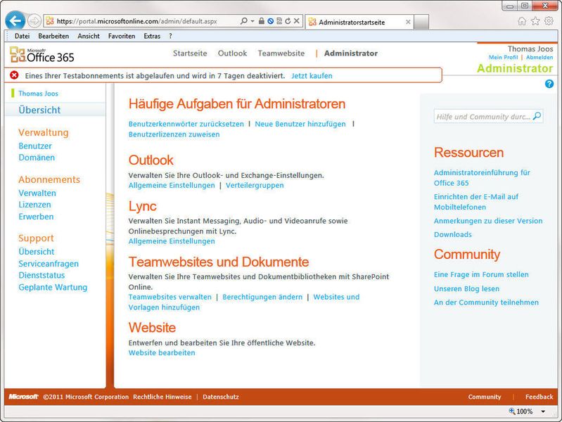 Alle Verwaltungsaufgaben nehmen Sie über den Link „Administrator“ vor. Normale Anwender sehen diesen Link nicht. Im Administratorbereich managen Sie alle Einstellungen der angebundenen Benutzer und Ihre Domänen. In den Benutzereinstellungen können Sie Anwender zu Administratoren konfigurieren. (Archiv: Vogel Business Media)