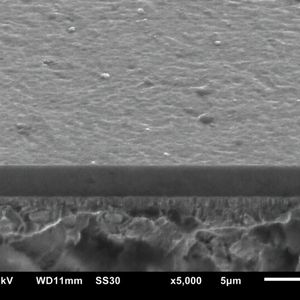 Mittels 90-Grad-Plasmafilterung hergestellte, etwa 2,5 Mikrometer messende „ta-C“-Schicht. Wiederum die Schrägansicht auf die Bruchfläche im Rasterelektronenmikroskop.(Bild:  Fraunhofer IWS)