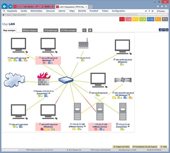Abbildung 1: Der Willkommensbildschirm, den das PRTG-Web-Interface nach dem Login anzeigt, lässt sich frei definieren. Es kann zum Beispiel eine Statusübersicht sein, oder – wie hier – eine Karte, die die wichtigsten Systeme im Netz zeigt. (Bild: IAIT/Paessler)
