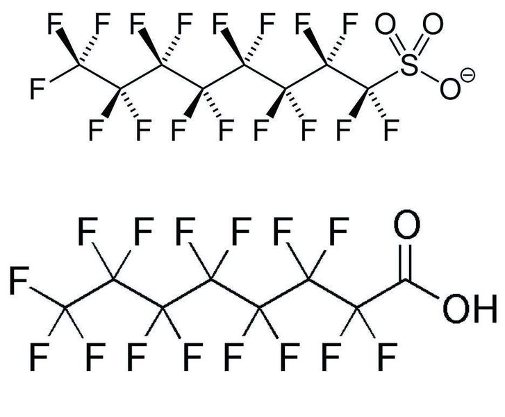2	 Chemische Struktur des PFOS (oben) und der PFOA (unten) (Archiv: Vogel Business Media)