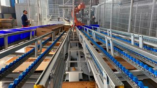 Über abschüssige Rollenbahnen werden Karton- und Kunststoffboxen, die es bei EHG in jeweils sechs unterschiedlichen Größen gibt, an der Säge aufragsspezifisch bereitgestellt. (Bild: Kasto)