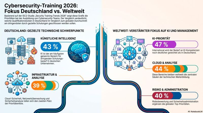 In Deutschland sind KI-Kompetenzen bei IT-Security-Teams derzeit noch weniger im Fokus als im weltweiten Vergleich. (Bild: Gemini / KI-generiert)