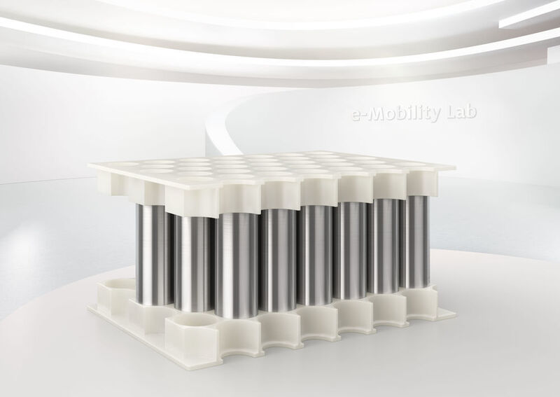 Battery modules with cylindrical cells are constructed with Covestro’s Bayblend material and efficiently assembled with Henkel’s Loctite adhesive.  (Henkel)