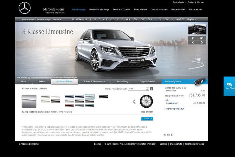 Platz 4: Mercedes. Wer bei den vielen verschiedenen Ausstattungsvarianten von Mercedes irgendwann den Durchblick verliert, kann sich an den Livechat des Herstellers wenden. Ansonsten droht anstrengendes Scrollen. Insgesamt benötigen Kunden sieben Schritte, um das gewünschte Auto zu konfigurieren. (Screenshot Mercedes)