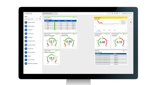 So sieht das Dashboard von Dieffenbachers KI-Entwicklung Evoris aus. Das System hilft Herstellern aus der Holzwerkstoff- und Forming-Industrie bei der Digitalisierung, Überwachung, Analyse und Optimierung ihrer Produktion, wie Dieffenbacher erklärt.(Bild:  Dieffenbacher)