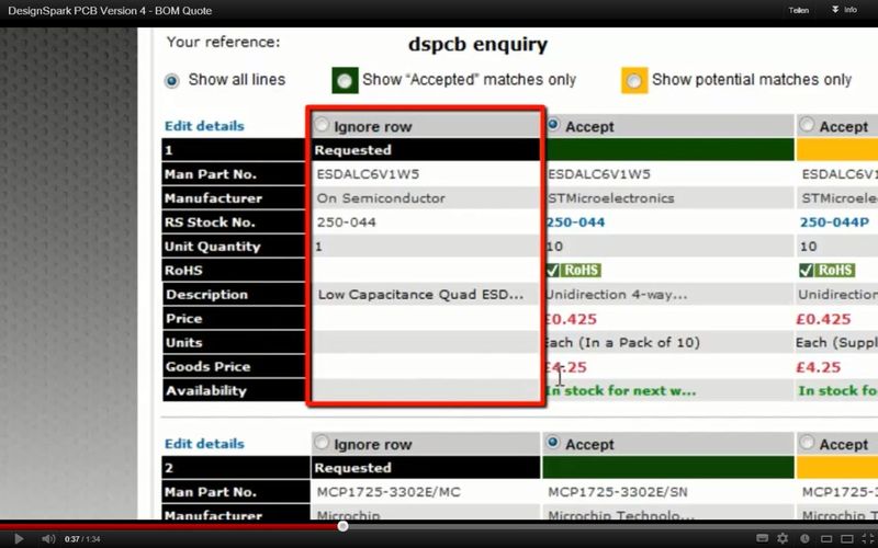 DesignSpark PCB Version 4 - BOM Quote (Bild: RS Components)