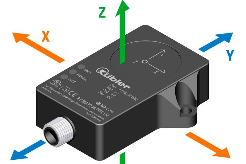With three-axis vibration measurement (X, Y and Z axes) and temperature detection, the CMSVT38 condition monitoring sensor provides detailed status information that helps to detect machine damage at an early stage.(Image: Kübler)