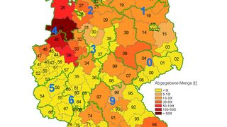 Abgegebene Menge antimikrobiell wirksamer Grundsubstanzen nach Postleitbereich [in Tonnen] in Deutschland 2011 (Bild: BVL)