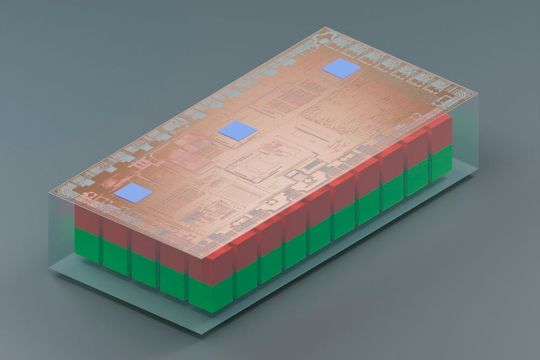 Microbias vereint permanente Mikromagnete (rot/grün) und mehrere 3D Hall-Sensoren (blau) auf einem einzigen monolithisch integrierten Chip (Silizium-Substrat transparent).(Bild:  Fraunhofer IIS / KI-generiert)