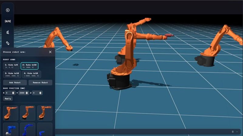 Simulation multirobot avec bibliothèque de robots (KUKA KR6/KR16). (Source : BabaCAD Robotics)