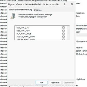 In den Eigenschaften der Richtlinie legt der Administrator per Kontrollkästchen fest, ob der Rechner DES_CBC_CRC, DES_CBC_MD5, RC4_HMAC_MD5, AES128_HMAC_SHA1 oder AES256_HMAC_SHA1 für Kerberos nutzen darf.(Bild:  Thomas Joos)