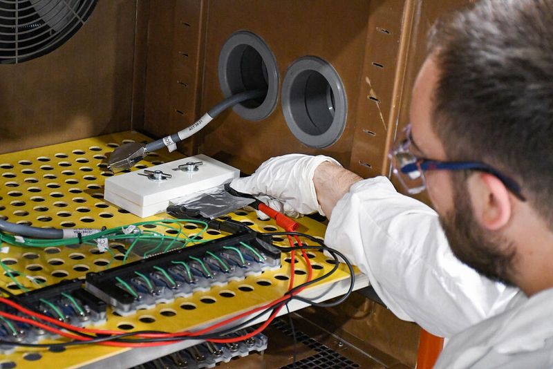 Kontaktieren einer Pouchzelle mit Elektrodenmaterialien aus dem ThüNaBsE-Projekt. (Bild: Fraunhofer IKTS)