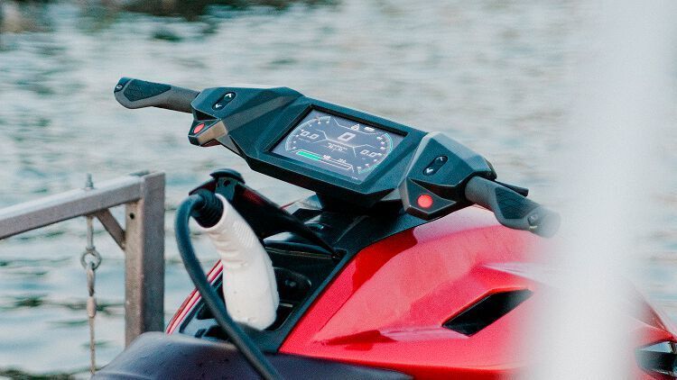 Tiaga’s ‘Orca’ all-electric jetski. The powerful onboard computer behind Orca's dashboard shows riders the state of charge, as well as GPS mapping and several other features. (ABB)