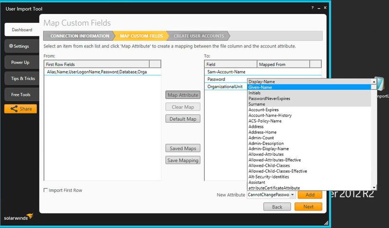 Über Map Custom Field lässt sich festlegen, wie die Daten in der CSV-Datei in Active Directory übernommen werden sollen. Außerdem besteht die Möglichkeit verschiedene Einstellungen festzulegen, also welche Felder in Active Directory genutzt werden sollen. (Joos)