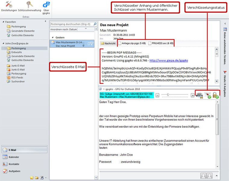 Herr Doe empfängt die verschlüsselte E-Mail samt öffentlichem Schlüssel, mit der er die Nachricht in Klartext anzeigen lassen kann. (Archiv: Vogel Business Media)