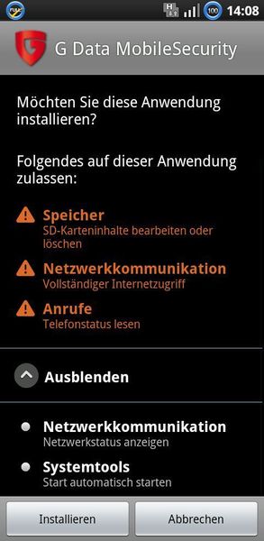 Bei der Installation von G Data MobileSecurity für Android fiel zunächst positiv auf, dass sich die App mit relativ geringen Zugriffsrechten zufrieden gibt. (Archiv: Vogel Business Media)