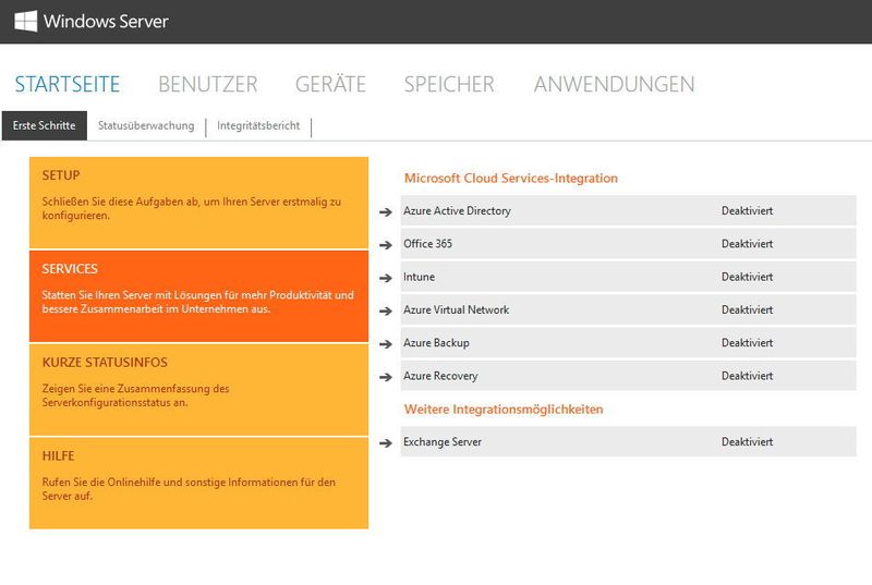 Über das Dashboard wird Windows Server 2016 Essentials an verschiedene Clouddienste wie Office 365 angebunden. Auch die Verwaltung der Dienste erfolgt über das Dashboard. (Joos / Microsoft)