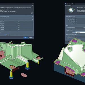 Zwei Beispiele für die Anwendung von SmartOps: Automatische Aufteilung nach Bearbeitungsarten und automatische Flächenverlängerung.(Bild:  Tebis)