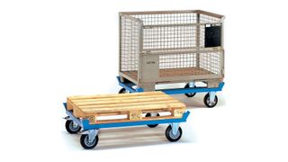 Für die Bewegung von Gütern auf Flach- und Europaletten, Gitterboxen und Stapelbehältern eignen sich die Paletten-Fahrgestelle für die professionelle Anwendung. (Bild: Fetra)