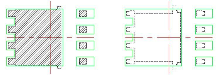 Bild 1: Die empfohlenen Leiterplatten-Footprints eines 5 x 6 mm großen SON-Gehäuses (Small-Outline No-lead) von TI (grün) und der abweichend bezeichneten, ebenfalls 5 x 6 mm große SMD-Gehäuse zweier Mitbewerber (schraffiert bzw. weiß) belegen, dass die drei Gehäuse vom Footprint her kompatibel sind.  (Texas Instruments)