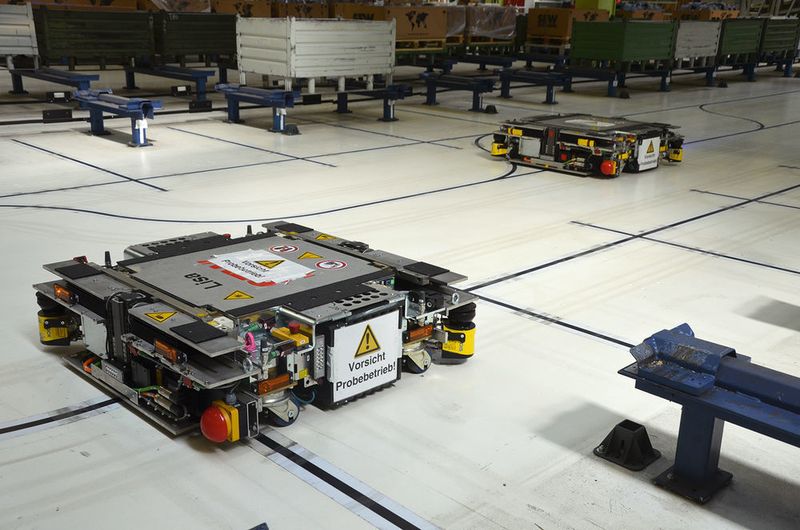 Noch warnt ein Schild mit der Aufschrift „Vorsicht, Probebetrieb!“ vor den autonom fahrenden Transportern. Auf der Hannover-Messe dürfen Besucher in die Rolle des Dirigenten schlüpfen. (Bild: Jablonski)