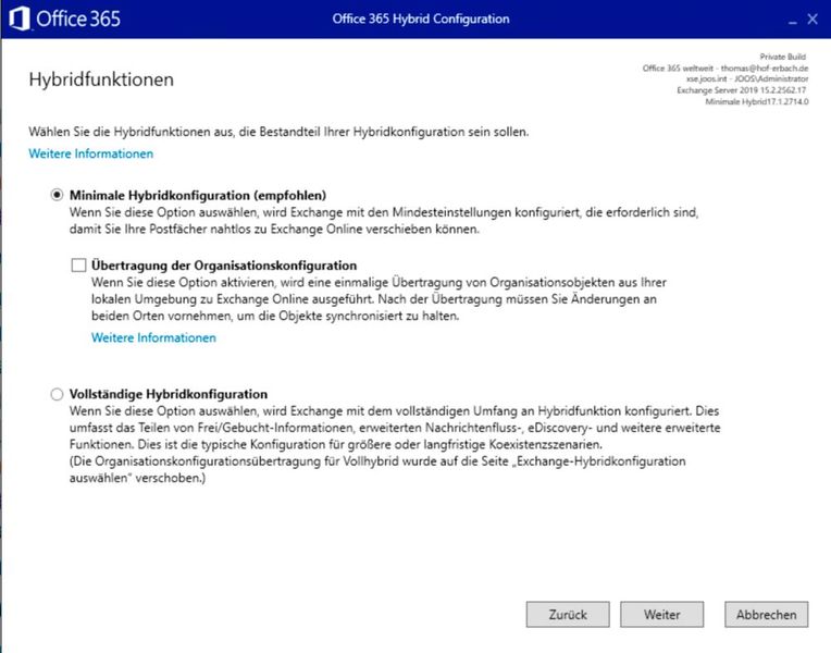 Einrichten der Hybridkonfiguration. (Bild: Joos | Microsoft)