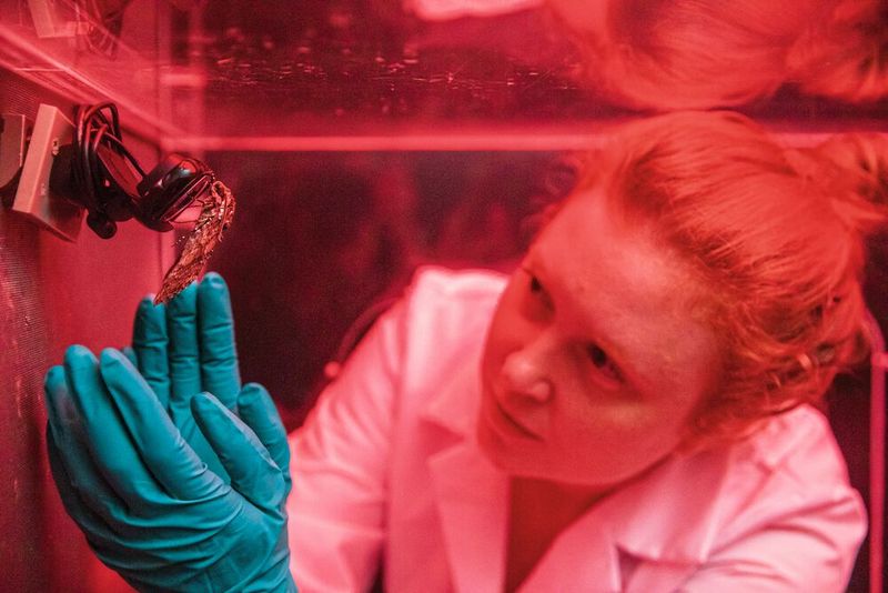 Elisabeth Adam bei einem Experiment mit Tabakschwärmern im Windtunnel.