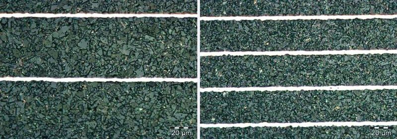 Bild 3: Vergleich von herkömmlicher und neuer Keramik. Dank feinerer Kornstruktur mittels einer speziellen Metalloxiddotierung der ZnO-Varistorkeramik kann eine höhere Feldstärke in den neuen EPCOS Vielschichtvaristoren der High Surge Serie erzielt werden. Dies ermöglicht zum einen, dass eine höhere Anzahl von Innenelektroden im identischen Bauteilvolumen integriert werden können und damit die High-Surge-Performance verbessert wird. Zum anderen, kann die identische Performance in einer kleineren Bauform realisiert werden, wodurch eine weitere Miniaturisierung der Varistoren möglich ist.  (Bild: EPCOS)