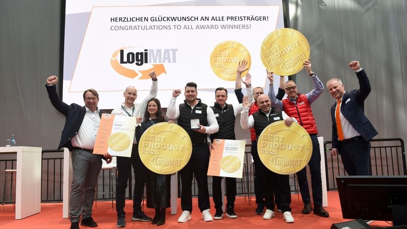 Die Preisträger des "LogiMAT Best Product 2026" freuen sich über die Auszeichnung.(Bild:  EUROEXPO Messe- und Kongress-GmbH)