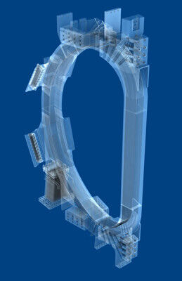 Eighteen of these toroidal field coils will surround the vacuum vessel and produce a magnetic field to confine the plasma particles. Each coil is 14 metres high, 9 metres wide, and weighs 360 tons. (Bildquelle: ITER Organization)