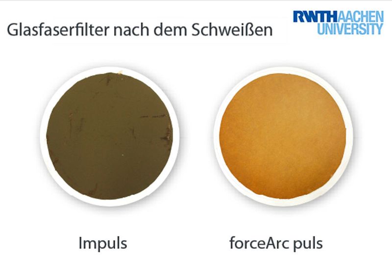 Der Glasfaserfilter, der bei den Versuchen verwendet wurde, nach dem Schweißen: konventionell mit dem Impulslichtbogen; mit dem innovativen Schweißverfahren forcearc puls von EWM. (EWM)