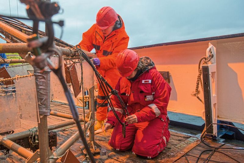 Kirstin Meyer (l) und Melanie Bergmann sammeln Organismen von dem Stahlrahmen, der nach 18 Jahren am Grund der akrtischen Tiefsee mit dem Forschungsschiff Polarstern wieder geborgen wurde. (Alfred-Wegener-Institut / Esther Horvath)
