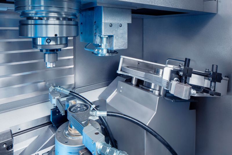 Work area of the VL 100 GT, configured for external grinding of Cams (Source: Emag)