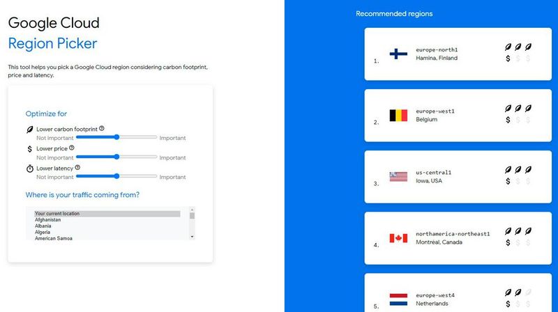 Mithilfe des Google Cloud Region Picker lässt sich die bevorzugte Cloud-Region schnell und einfach ermitteln. (Bild: https://googlecloudplatform.github.io/region-picker/)