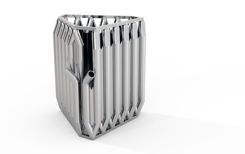 Dieses Werkstück, das an das Design von Kühlkörpern angelehnt ist, wurde für die additive Fertigung optimiert. (Bild: 3D-Metall-Theobald)