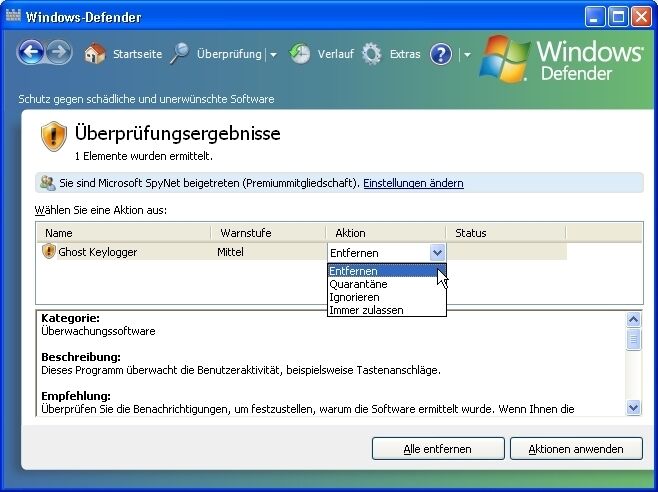 Findet Windows Defender ein Schadprogramm bietet es unterschiedliche Aktionen für dessen Behandlung zur Auswahl. (Archiv: Vogel Business Media)